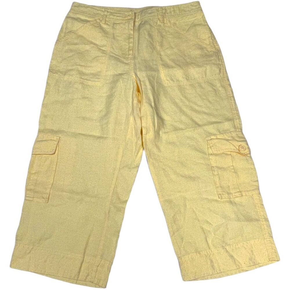 Chico's Capri 100% Linen Pants Yellow Wide Leg‎ Zip Fly Cropped Women's Medium